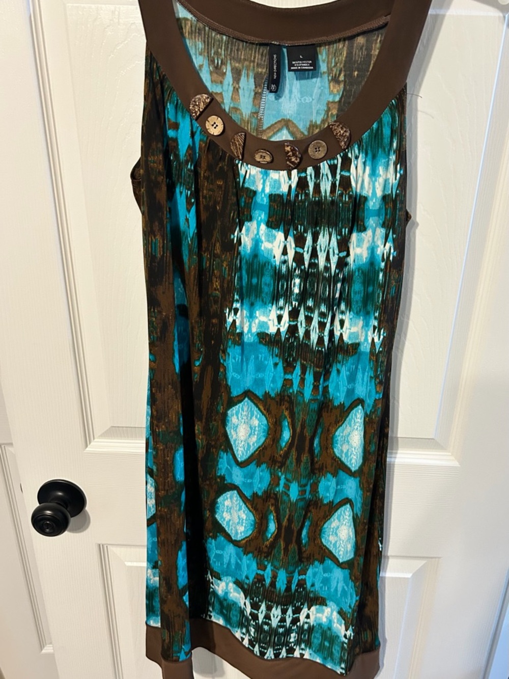 new directions Teal and Brown Sleeveless Mini Dress with Button Trim